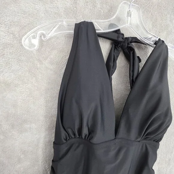 DKNY 1 Piece Swimsuit L Black Halter Ruched Tummy Control Beach Pool Vacay Solid - Picture 3 of 11